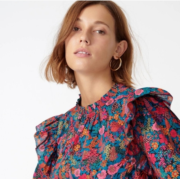 J. Crew Liberty Ciara Ruffleneck Flutter Sleeve Floral Top Pleated Pink Small - Picture 2 of 13